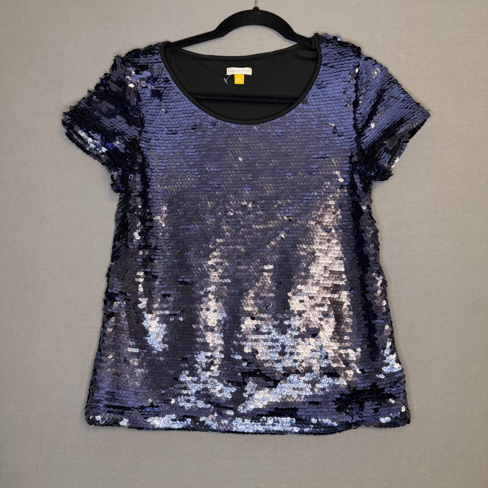 Leifsdottir Navy Blue Sequin Short Sleeve Top Scoop Neck Size S Anthropologie